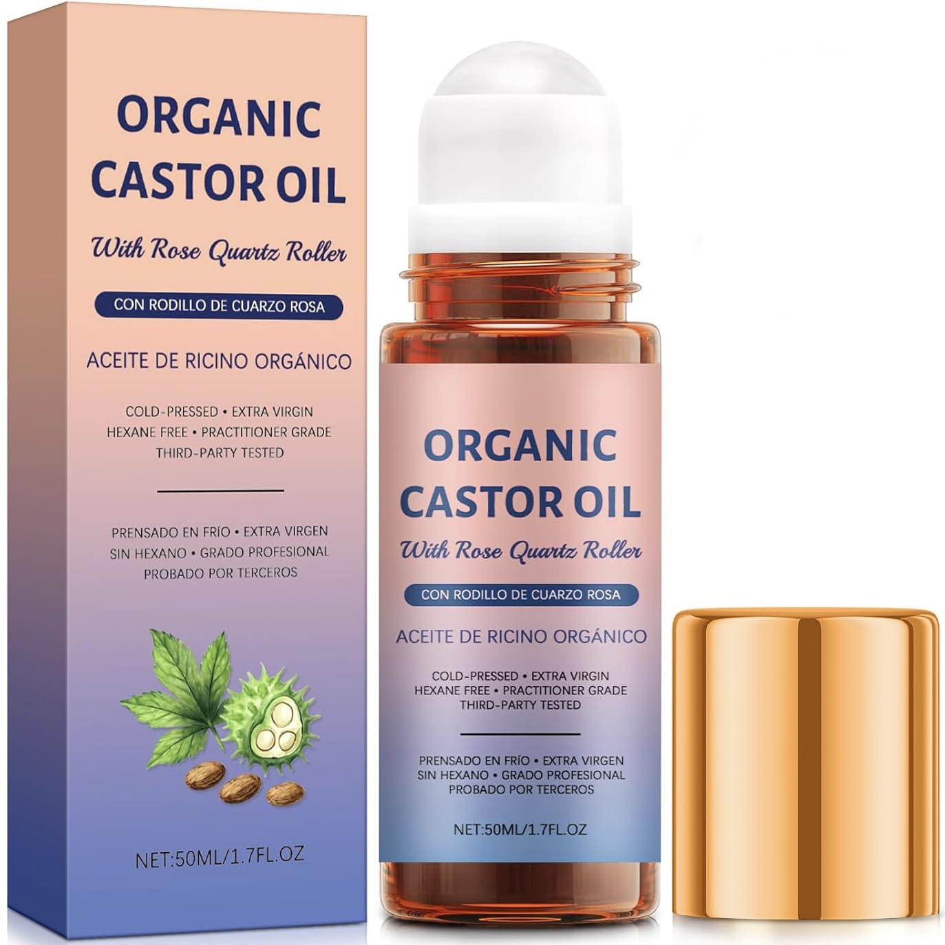 Organic Castor Oil with Rose Quartz Roller, 100% Pure Cold-Pressed, Organic Castor Oil Roll On Rose Quartz, Hexane-Free,Amber Glass Bottle for Skin 1.7oz (1 PCS)